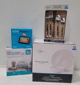 (1) Amazon Echo Show 5 (1) Mainstays 12 pcs. Dinnerware, white (1) 20 pcs. Stainless Steel Flatware Set (1) 4 pcs Metal Deak Organizer Set