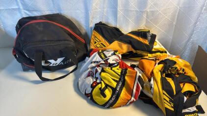 (1) Motor Cycle Helmet Bag (2) Dirt Bike Pants Size 28&30 (5) Riding Jerseys