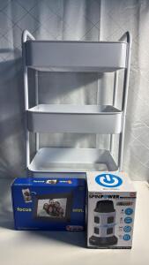 (1) 31.5&rdquo; Tall x 13.5&rdquo; Wide x 17.5&rdquo; Long 3 Tier Rolling Cart (1) ONN Wi-Fi Digital Picture Frame (1) Bell&Howell Spin Power