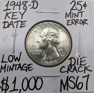 1948-D MS67 Key Date Mint Error Quarter