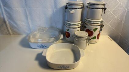 (2) Corning Ware Dishes 1Lid , (5) Jars w/Latching Lids