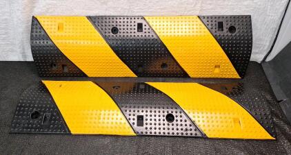 (1) 2-Pack Of Heavy Duty Rubber Speed Bumps, 2 Channel Modular Traffic Speed Bump Hump Cable Protector Ramps for Asphalt Concrete Gravel Driveway Road W/6 Bolt Spikes<br/>