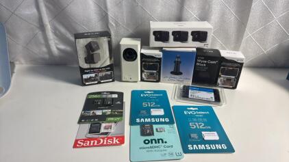 (5) WYZE Cameras (1) WYZE Camera Protective Cases (1) Crucial 1k GB Computer Memory Card & Assorted Small Memory Cards