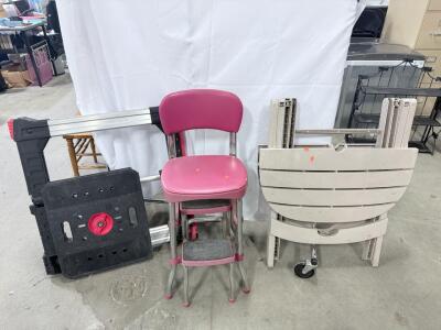 (1) Cosco Stool (1) Foldable Plastic Table & (1) SawHorse