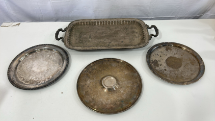 (1) Vintage Leonard Silver Silver-Plated Butler's Serving Tray (1) Vintage Wm Rogers Silver Plated Ornate Floral Serving Plate Tray (1) Vintage Wm Rogers #866 Silverplate Serving Chip/Dip Round Platter Tray 12.25" (1) Vintage Silver-Plated Serving Tray