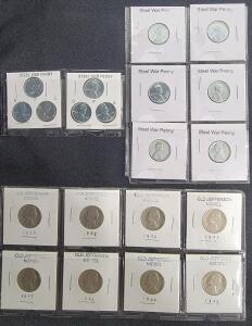(2 sets) 1943, 3 Steel War Pennies, All 3 US Mints Represented (6) 1943 Steel War Pennies (8) Old Jefferson Nickles, 1959, 1952, 1940, 1941, 1942, 1946, 1947 & 1948