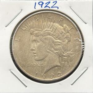 1922 Peace Dollar Coin, Philadelphia Mint, 90% Silver, One Dollar