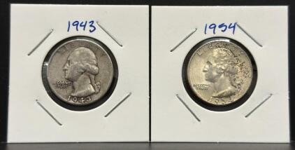 1943 & 1954 Washington Quarter, 90% Silver, Circulated U.S. Mint Coins