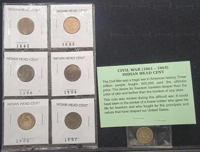(1) Civil War (1861 - 1865) Indian Head Cent (6) Indian Head Cents, 1882, 1883, 1886, 1904, 1906 & 1907