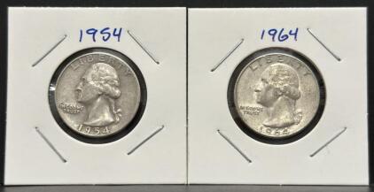 1954 & 1964 Washington Silver Quarters, U.S. Mint, Denver & Philadelphia