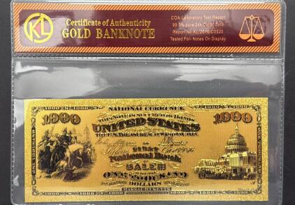 24k Gold Banknote Replica, $1000 Bill, COA Included, Serial KL/2016/C0520