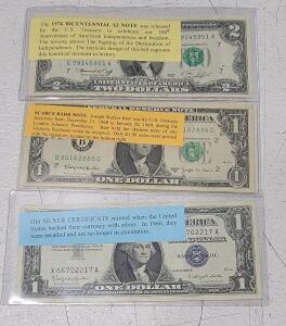 (1) Old Silver Certificate, 1957 (1) Scarce Barr Note, 1963 (1) 1976 Bicentennial $2 Note