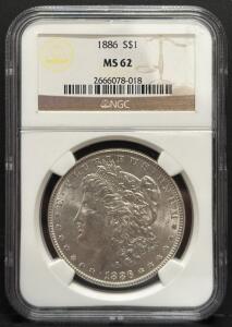 1886 Morgan Silver Dollar, MS 62, NGC Graded