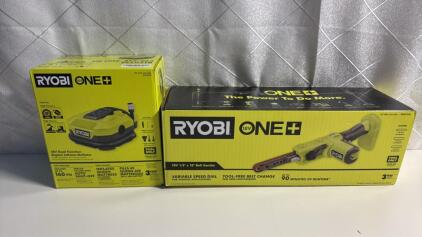 {{New In Box }} RYOBI 18v Tools( No Batteries ) (1) Dual Function Inflator/Deflator (1) 1/2&rdquo;x18&rdquo; Belt Sander