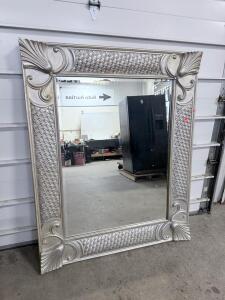 Ornate Wall Mirror w/ a Baroque or Rococo-Inspired Frame, possibly in a Silver or Champagne Finish- 51&rdquo;x63.5&rdquo;