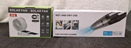 (1) Solar Powered / Rechargeable Fan W/ Light & (1) Mini Car Vacuum