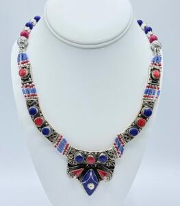 (1) Beautiful Large Blue Lapis Lazuli & Red Coral Necklace