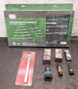(1) 9-Piece Screwdriver Set, (1) Metal Vernier Caliper & (3) Assorted Impact Sockets