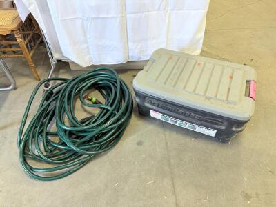 (1) Green Hose & (1) Artic Packer Plastic Storage Box w/ Assorted Tools