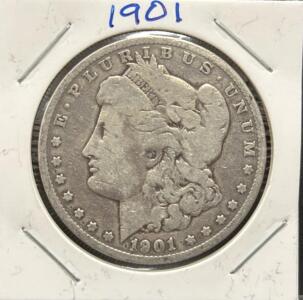 1901 Morgan Silver Dollar Coin, New Orleans Mint Mark O, 90% Silver