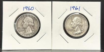 1960 & 1961 Washington Quarters, 90% Silver, 1961 Mint Mark D, Diameter 0.955 in