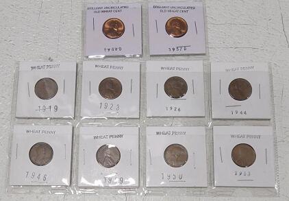 (2) Brilliant Uncirculated Old Wheat Cent 1958 & 1957. (8) Wheat Penny 1919, 1923, 1926, 1944, 1946, 1949, 1950 & 1953
