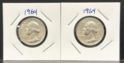 (2) 1964 Washington Quarters, 90% Silver, No Mint Mark