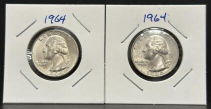 (2) 1964 Washington Quarters, Denver Mint, 90% Silver