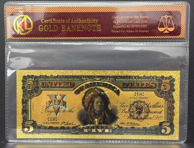 24k Gold-Plated $5 Replica Banknote, 99.9% Pure, COA Certified