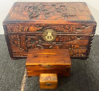Vintage Chinese / Asian Originated Hand Carved Wooden Chest & Small Wooden Boxes