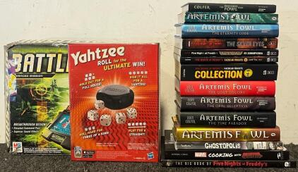 Collection Of Books Including Artemis Fowl Series, Five Nights At Freddie&rsquo;s Collection & More, Battleship & Yahtzee
