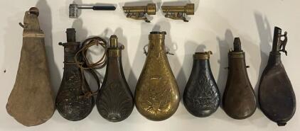 (7) Antique Powder Flasks W/ Accessories & Black Powder BB-Like Pellets / Balls