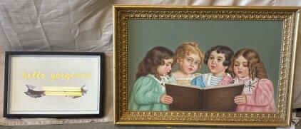 Hello Gorgeous Artwork L 11.5&rdquo; W 1&rsquo; 5&rdquo; And Vintage Victorian Painting L 1&rsquo; 8&rdquo; W 2&rsquo; 6&rdquo;
