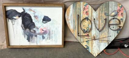 Cow Paintings L 1&rsquo; 5&rdquo; W 1&rsquo; 8&rdquo;, L 1&rsquo; 10&rdquo; W 1&rsquo; 10&rdquo; And Heart Shaped Love Sign L 1&rsquo; 7.5&rdquo; W 1&rsquo; 8&rdquo;