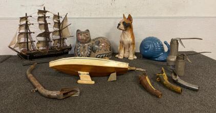 Vintage Mode Ship, Model Sail Boat, Vintage Tonala Pottery Cat, Dog Statue, Snail Statue, Vintage Pump Oilers, Fuel Neck Pipe