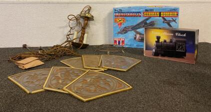 Vintage Brass And Glass Light Fixture, Lindberg 1:72 Scale Model Kit Thunderbolts vs German Bomber, Train Voice Alarm Clock