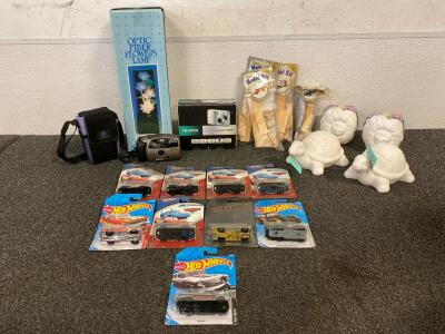 (9) Hot Wheels, Digital And Film Cameras, Optic Fiber Flowers Lamp, Wood Model Kits, Cermaic Painting Models