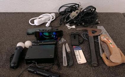PlayStation VR Processor Unit, Hand Saw, Pruning Saw, (2) Vintage Knifes, Snowboarding Goggles, Variety Of Different Cords And more