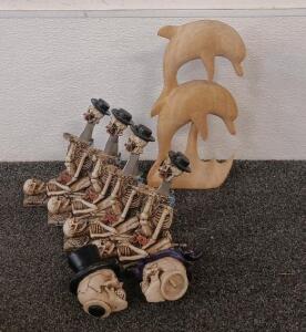 (2) Skull Cane Toppers, (4) Knifes With Unique Holder, Carved Dolphin Figurine