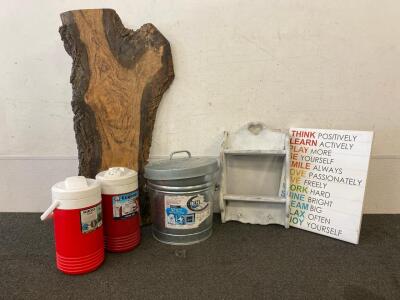BEHR Metal Dry Storage Bucket, (2) Igloo Drink Coolers, 40&rdquo;x20&rdquo; Wood Slab, Small Wood Shelf, Canvas