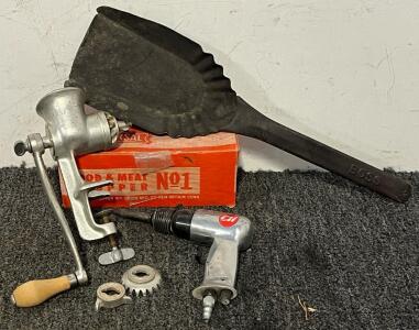 Vintage Universal Food & Meat Chopper No. 1, Vintage Metal Coal Shovel & Campbell Hausfeld Air Hammer