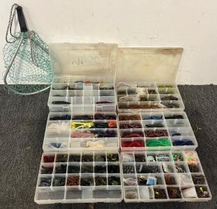 (6) Tackle Boxes Including Soft Lures, Hard Lures, Fish Hooks, Weights & Fishing Net