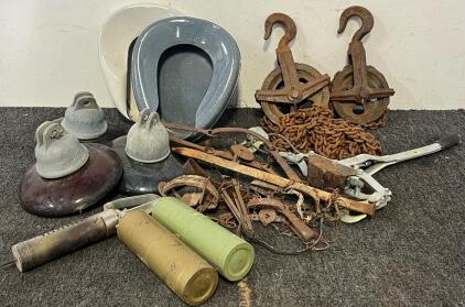 Vintage Animal Traps, Double Head Blow Torch, High Voltage Porcelain Disk Insulators, Vintage Chain Hoists, Come-Along & More