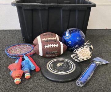 Kids Sports Equipment- (2) Footballs, Soccer Ball, Frisbee, (4) Badminton Rackets And Birdies