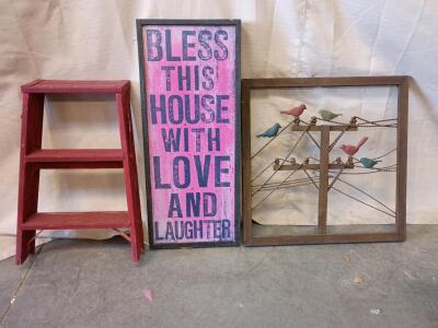 Rustic Wooden 2 Step Ladder, (2) Wooden Decorative Wall Art 32"x13", 25"x25"
