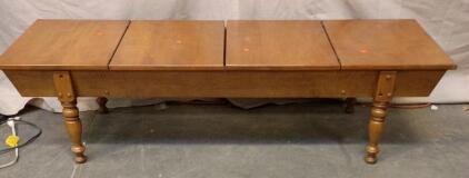 Vintage Maple Coffee Table With a Flip-Top Central Storage and Turned Legs, Made by Columbia Manufacturing Co. in the 1960s. 15"x60"x20"