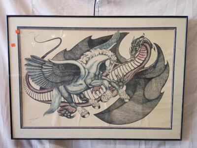 This Is a Framed Drawing of a Pegasus, Fighting a Dragon. The Artist Appears to be Shane Slayer, a Well-Known Market Artist. The drawing is Titled "Sky Duel".