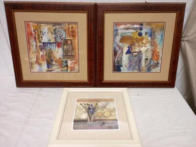 (2) Dark Wood Framed, Mixed-Media Abstract Collage Artworks. 21"x21", (1) White Framed Watercolor Print of a Still Life By an Artist Named C.W.O. or Catherine Watson. 17"x17"