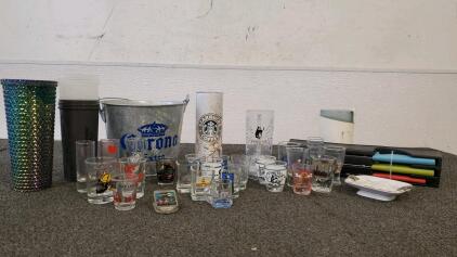 Assorted Collection of Shot Glasses, 3 Kitchen Knife And More