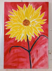 Acrylic or Oil Painting of a Single Yellow Sunflower On a Red or Magenta Background. 36x24